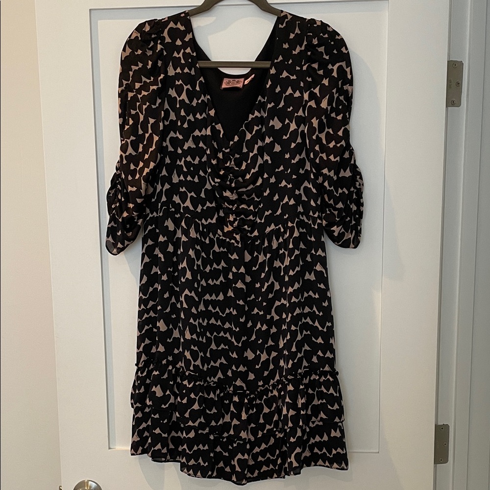 Juicy Couture, 100% Silk, Chic Black and Dusty Pink Patterned Dress, Size 14